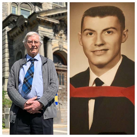 Dr Alec Ramsay, aujourd'hui, et lors de la journée de graduation de la Faculté de médecine de l’Université McGill à l'été de 1962, à l'âge de 25 ans.