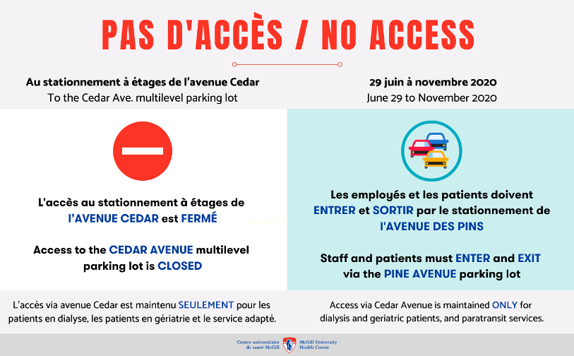 Due to construction work, access to the Cedar Ave. multilevel parking lot at the Montreal General Hospital will be closed as of Monday, June 29th until November 2020.  REMINDER: All patients and staff must use the Pine Ave. entrance to enter and exit the multilevel parking lot. The Cedar West parking lot will continue to serve the MUHC shuttle, patients in dialysis, vehicles for adapted transport, patient transport, taxis and vehicles with a disabled parking sticker. Drop off and pick-up of patients will still be possible.     Please remember to use a payment machine to pay your ticket before exiting the hospital. You can also pay in person at the parking office located at L6-126.